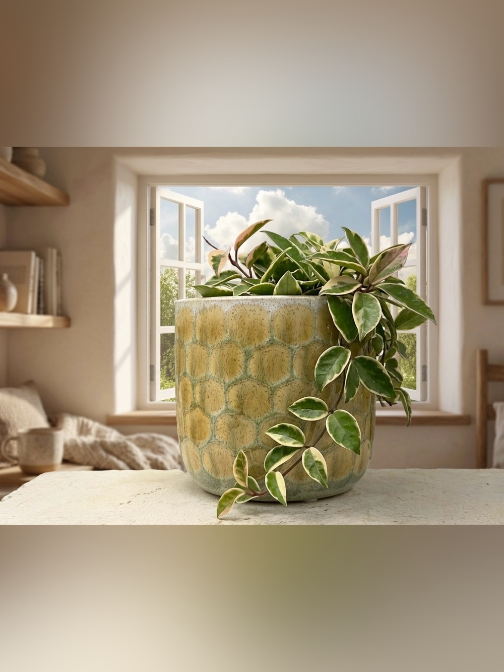 6" Ceramic Honeycomb Planter with Drainage Hole - 5.5" Yellow Green Flower Pot